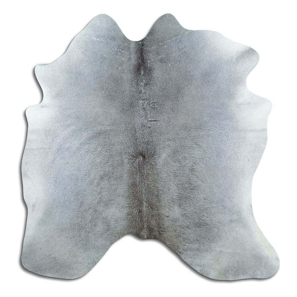 Grey cowhide rug of about 170 × 170 cm, seen from above: the exact hide you receive
