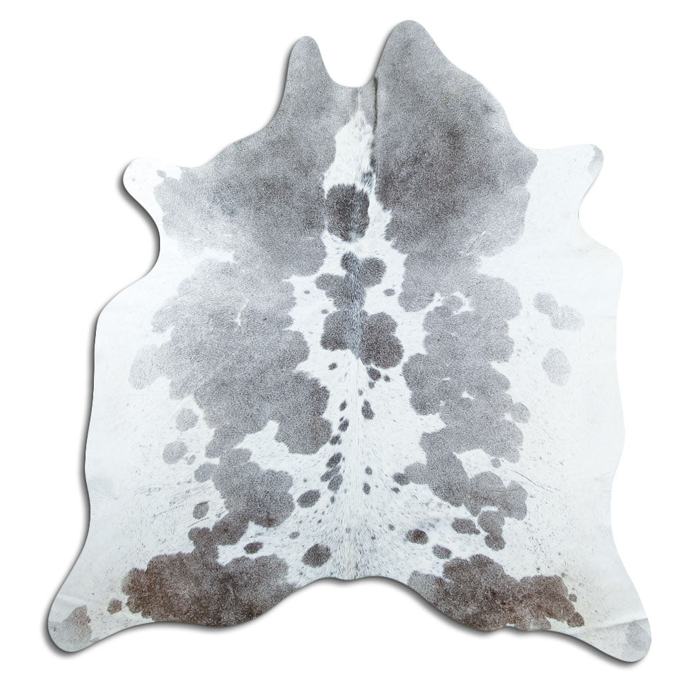 Grey cowhide rug of about 170 × 170 cm, seen from above: the exact hide you receive