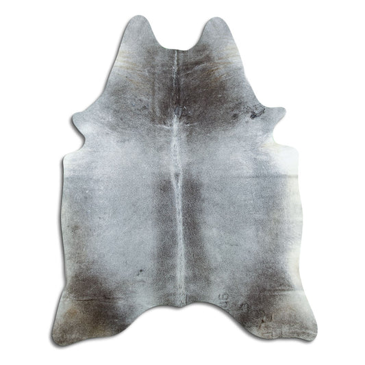 Grey cowhide rug of about 200 × 160 cm, seen from above: the exact hide you receive
