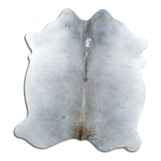 Grey cowhide rug of about 170 × 150 cm, seen from above: the exact hide you receive