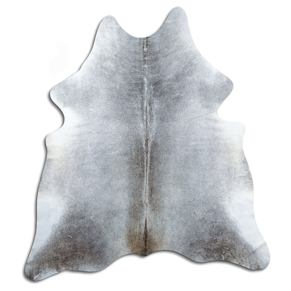 Grey cowhide rug of about 190 × 170 cm, seen from above: the exact hide you receive