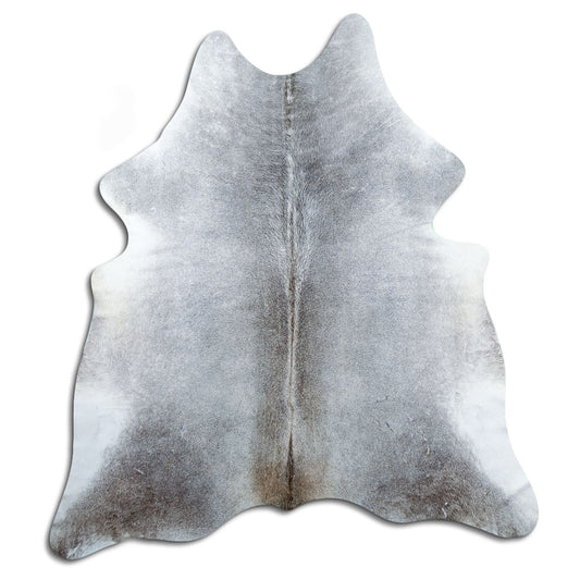 Grey cowhide rug of about 190 × 170 cm, seen from above: the exact hide you receive