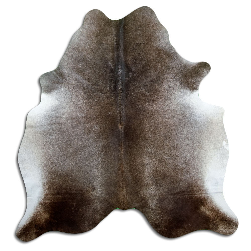 Grey cowhide rug of about 190 × 180 cm, seen from above: the exact hide you receive
