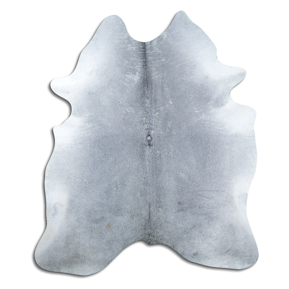 Grey cowhide rug of about 220 × 190 cm, seen from above: the exact hide you receive