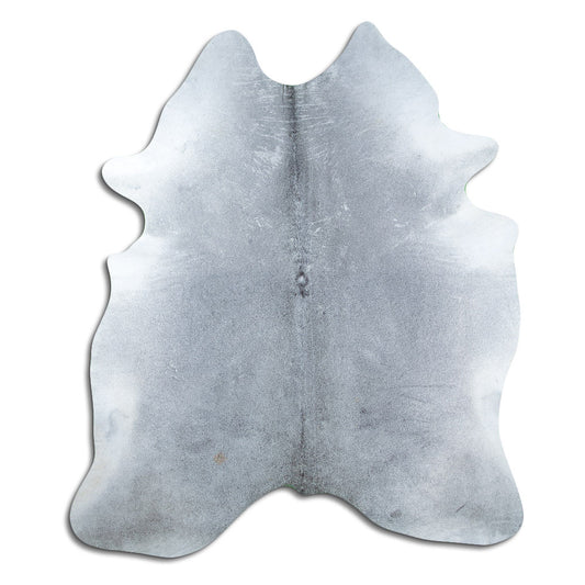 Grey cowhide rug of about 220 × 190 cm, seen from above: the exact hide you receive