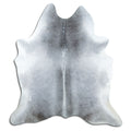 Grey cowhide rug of about 210 × 190 cm, seen from above: the exact hide you receive