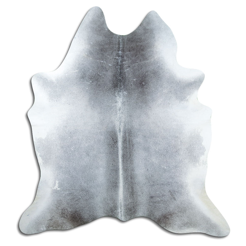 Grey cowhide rug of about 210 × 190 cm, seen from above: the exact hide you receive