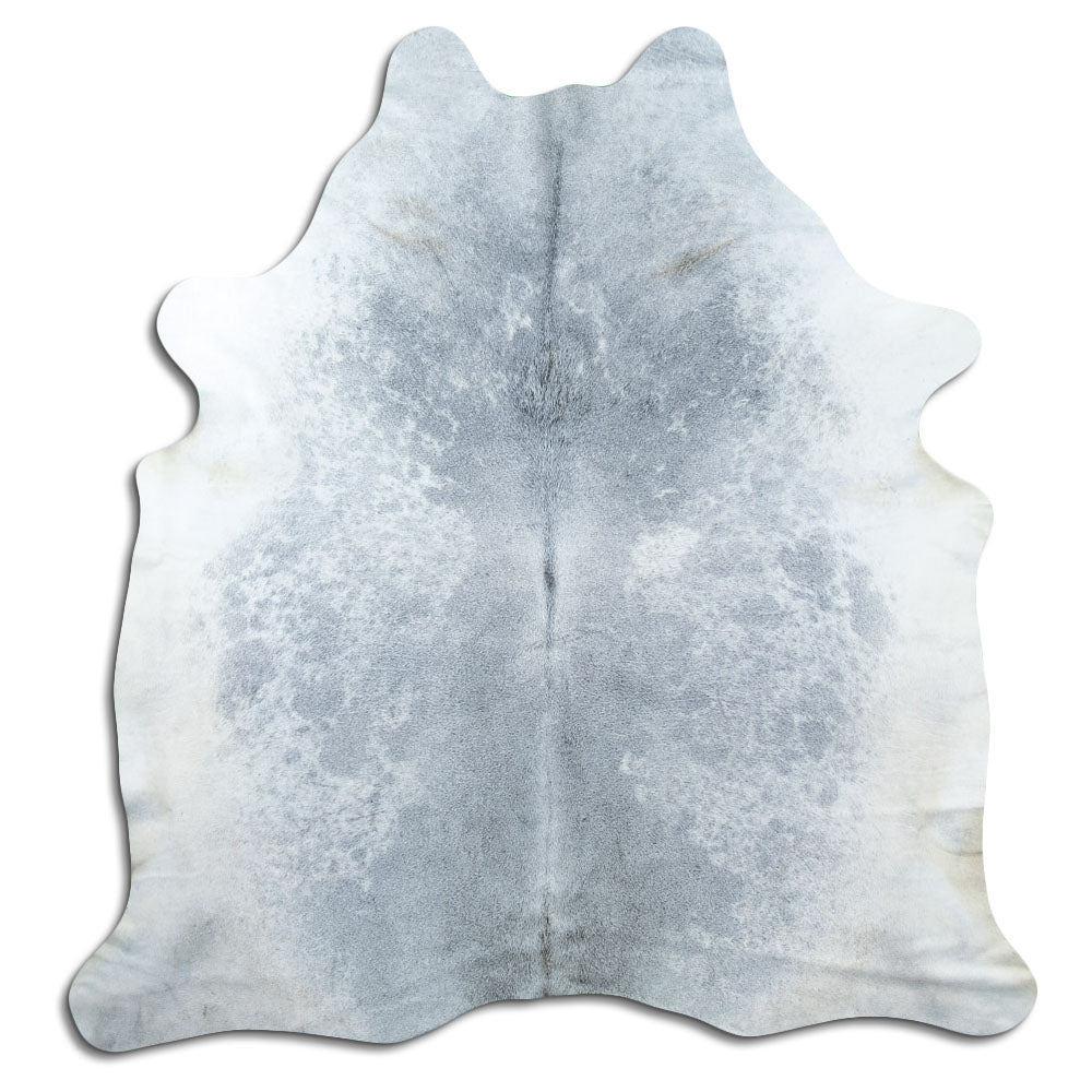 Grey cowhide rug of about 210 × 190 cm, seen from above: the exact hide you receive