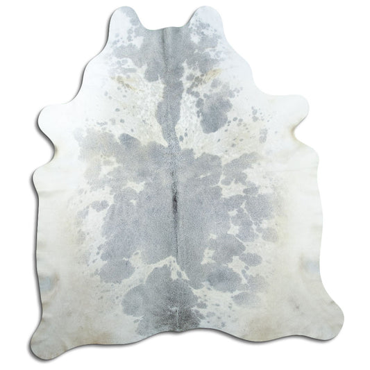 Grey cowhide rug of about 230 × 200 cm, seen from above: the exact hide you receive