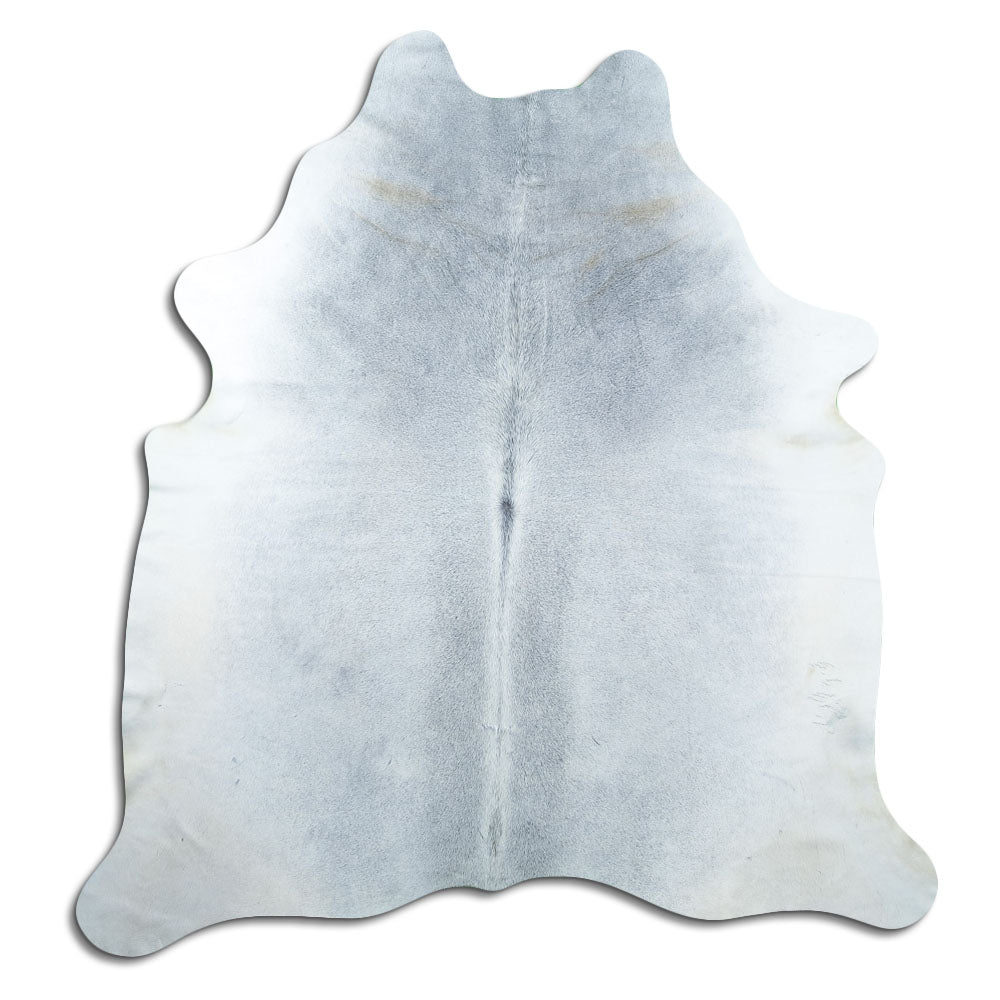 Grey cowhide rug of about 210 × 200 cm, seen from above: the exact hide you receive