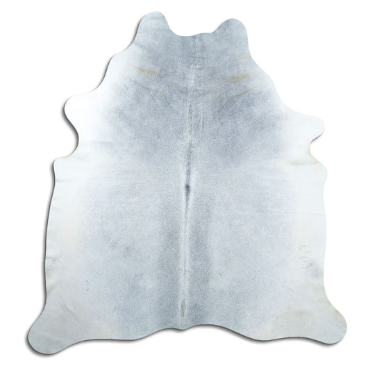 Grey cowhide rug of about 210 × 200 cm, seen from above: the exact hide you receive
