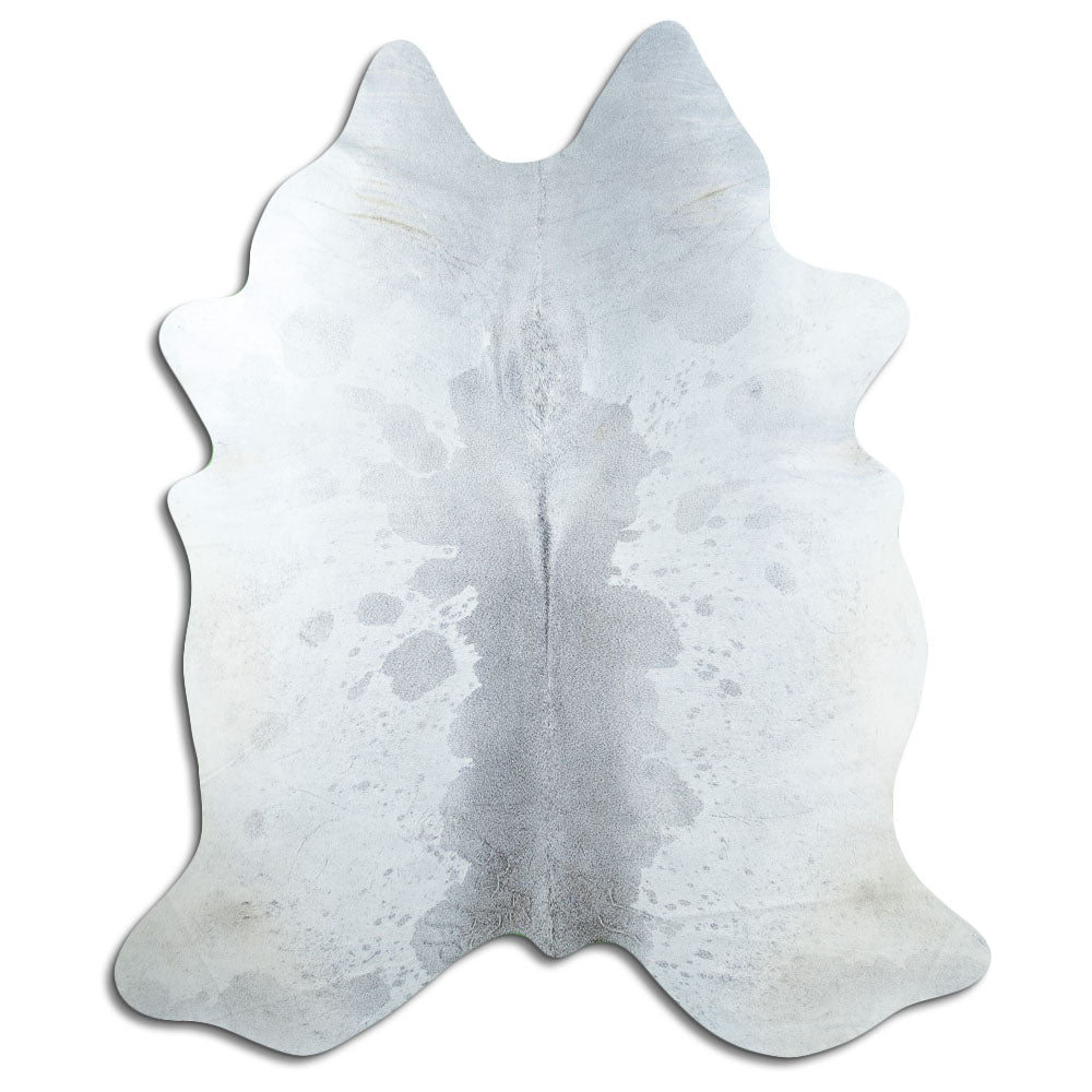 Grey cowhide rug of about 240 × 200 cm, seen from above: the exact hide you receive