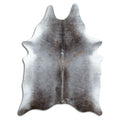 Grey cowhide rug of about 230 × 170 cm, seen from above: the exact hide you receive