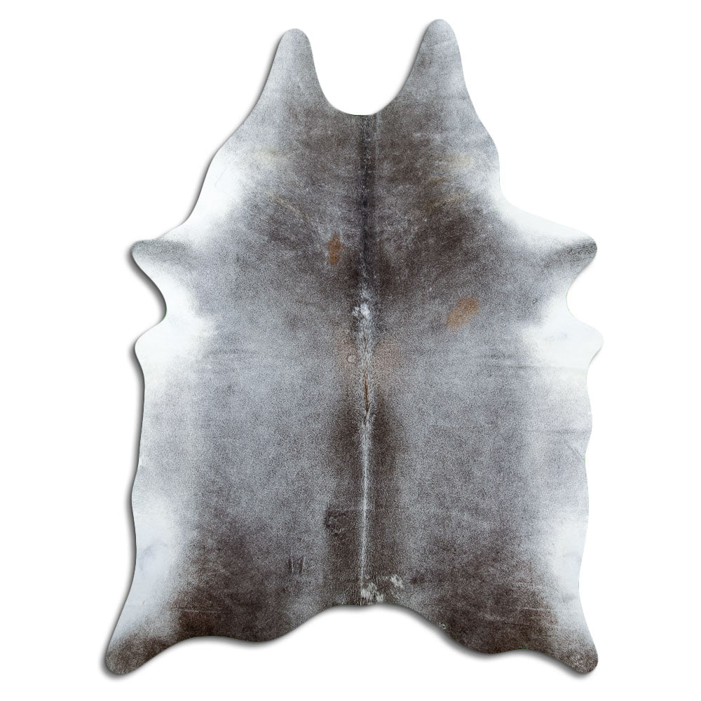 Grey cowhide rug of about 230 × 170 cm, seen from above: the exact hide you receive