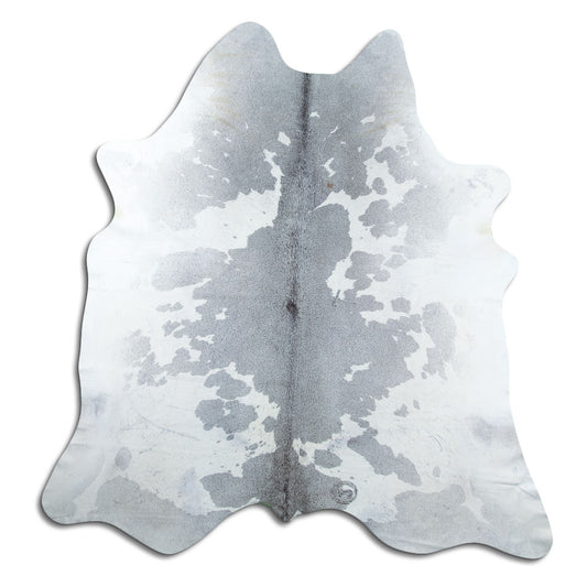 Grey cowhide rug of about 220 × 210 cm, seen from above: the exact hide you receive