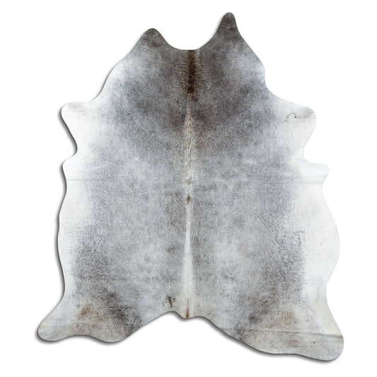 Grey cowhide rug of about 210 × 200 cm, seen from above: the exact hide you receive