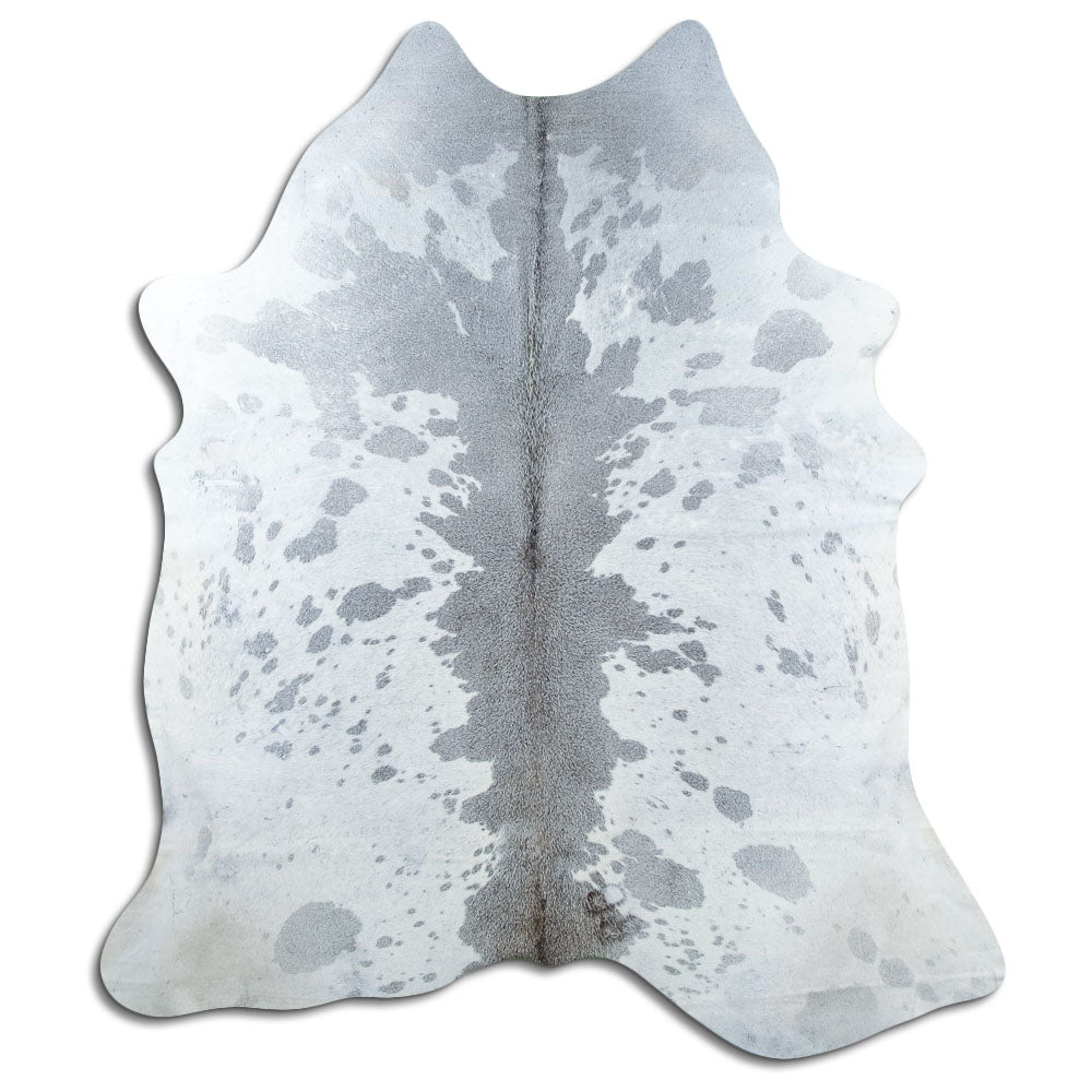 Grey cowhide rug of about 210 × 190 cm, seen from above: the exact hide you receive