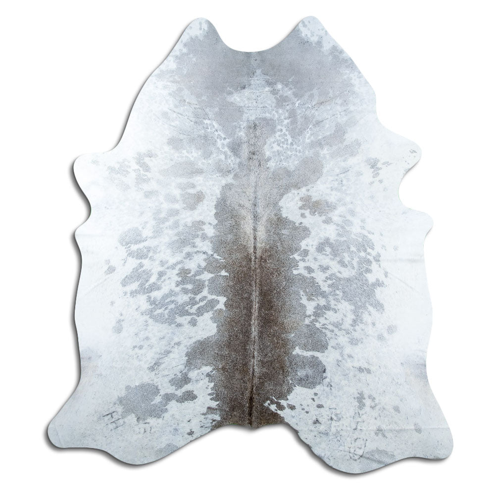 Grey cowhide rug of about 210 × 190 cm, seen from above: the exact hide you receive