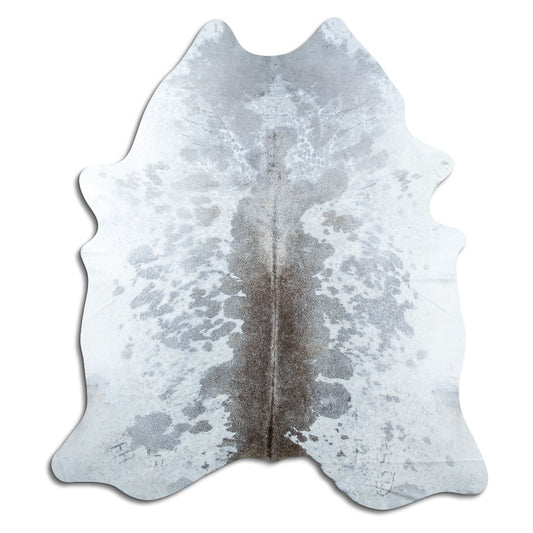 Grey cowhide rug of about 210 × 190 cm, seen from above: the exact hide you receive