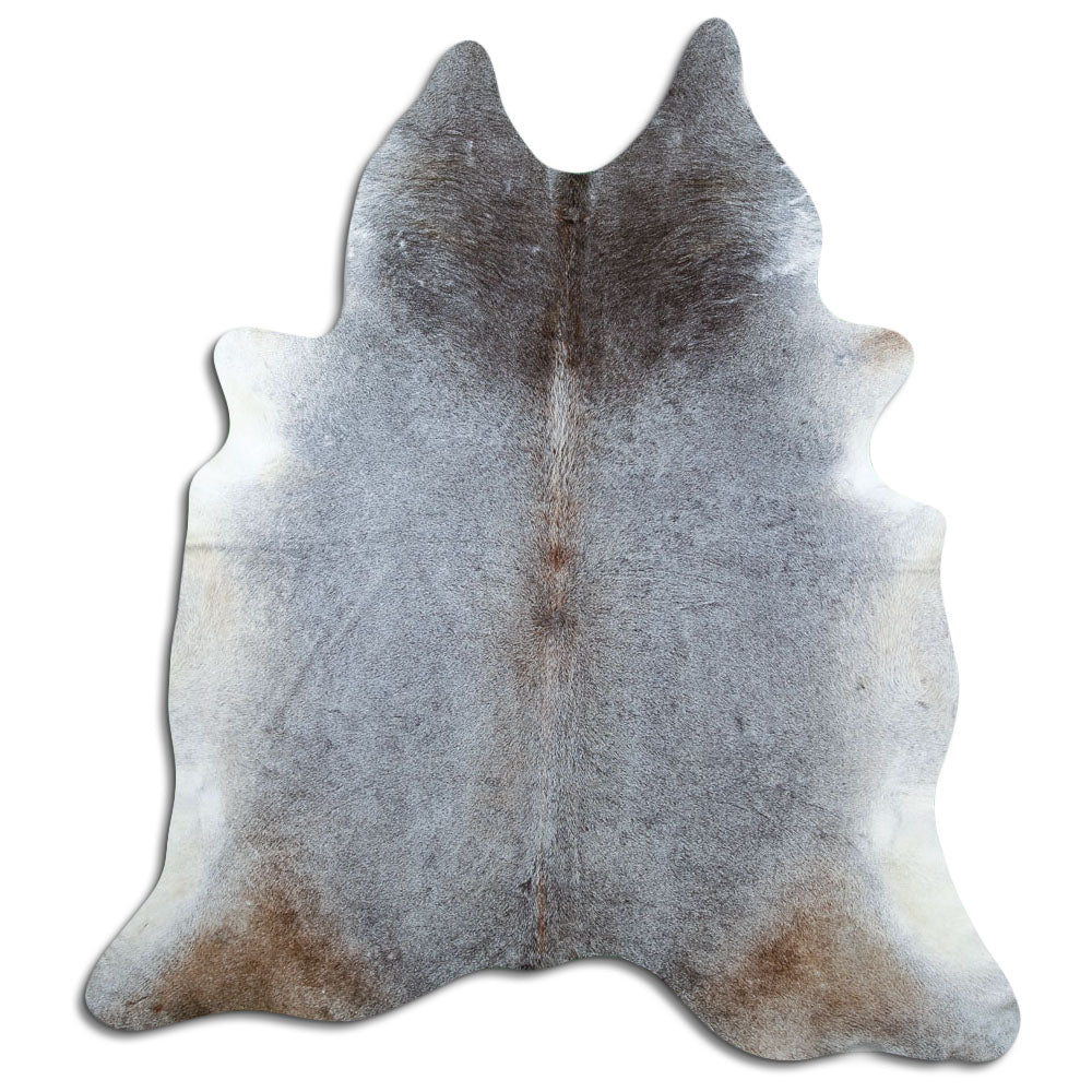 Grey cowhide rug of about 220 × 210 cm, seen from above: the exact hide you receive