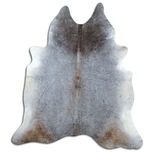 Grey cowhide rug of about 220 × 210 cm, seen from above: the exact hide you receive