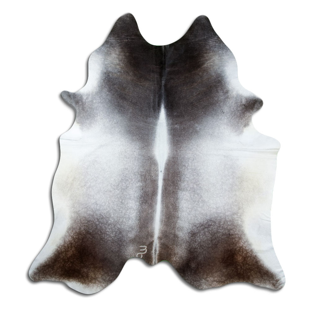 Grey cowhide rug of about 230 × 210 cm, seen from above: the exact hide you receive