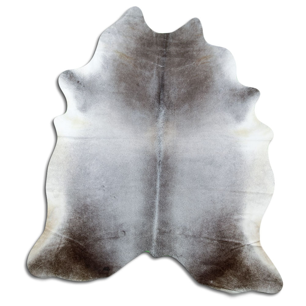 Grey cowhide rug of about 220 × 200 cm, seen from above: the exact hide you receive