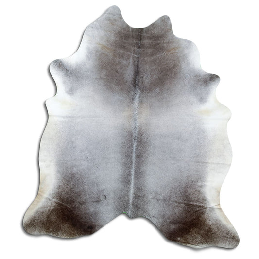 Grey cowhide rug of about 220 × 200 cm, seen from above: the exact hide you receive