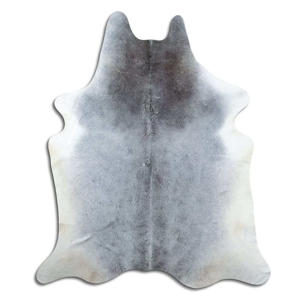 Grey cowhide rug of about 210 × 180 cm, seen from above: the exact hide you receive