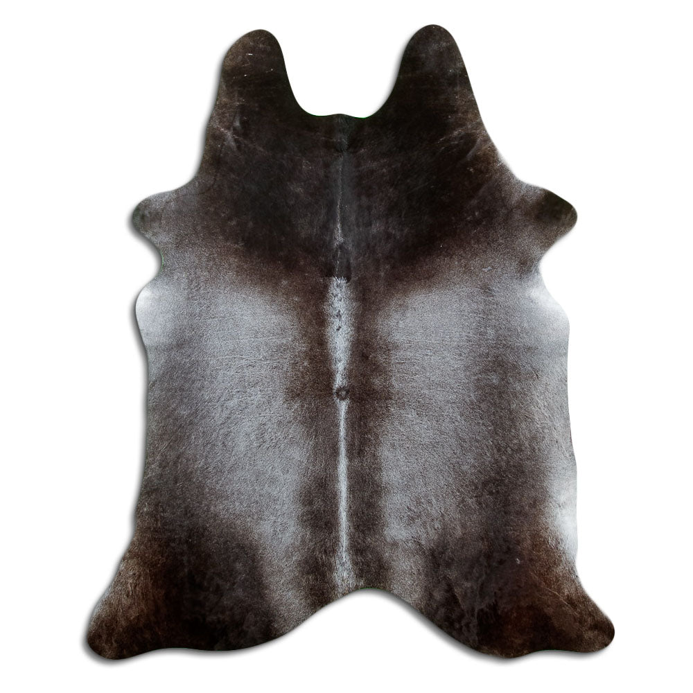 Grey cowhide rug of about 210 × 170 cm, seen from above: the exact hide you receive
