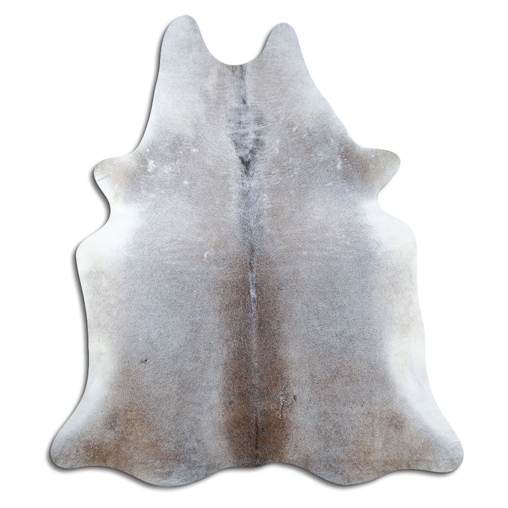 Grey cowhide rug of about 220 × 190 cm, seen from above: the exact hide you receive