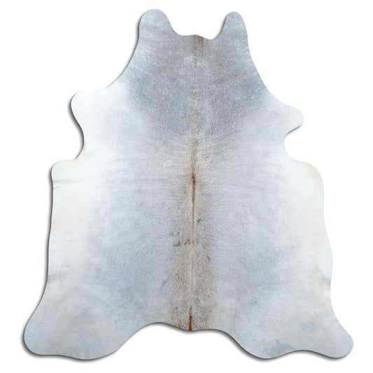 Grey cowhide rug of about 200 × 190 cm, seen from above: the exact hide you receive