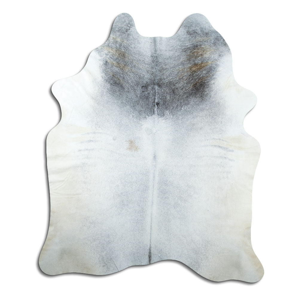 Grey cowhide rug of about 220 × 180 cm, seen from above: the exact hide you receive