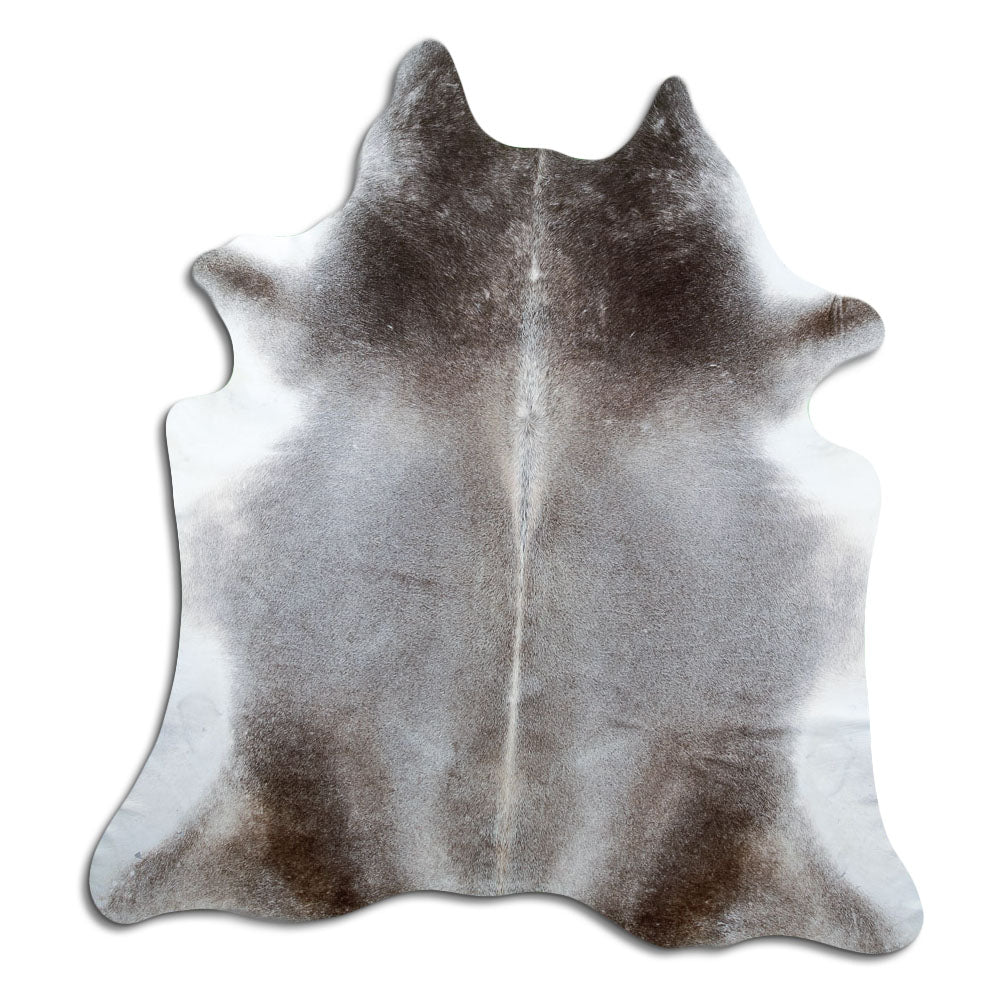 Grey cowhide rug of about 210 × 200 cm, seen from above: the exact hide you receive