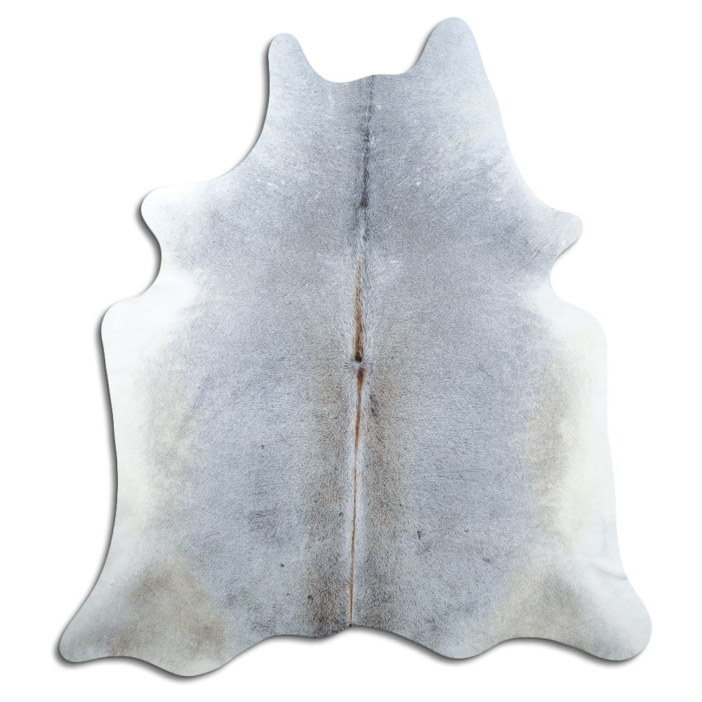 Grey cowhide rug of about 200 × 190 cm, seen from above: the exact hide you receive