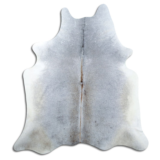 Grey cowhide rug of about 200 × 190 cm, seen from above: the exact hide you receive