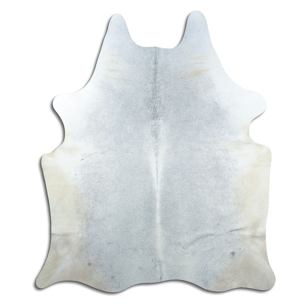 Grey cowhide rug of about 210 × 180 cm, seen from above: the exact hide you receive