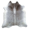 Grey cowhide rug of about 210 × 200 cm, seen from above: the exact hide you receive