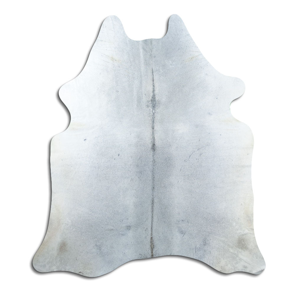 Grey cowhide rug of about 210 × 190 cm, seen from above: the exact hide you receive