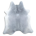 Grey cowhide rug of about 220 × 200 cm, seen from above: the exact hide you receive