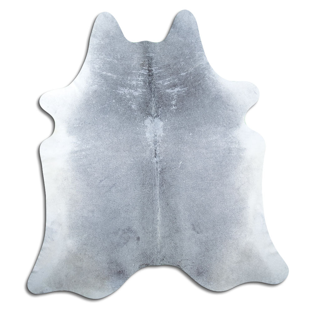 Grey cowhide rug of about 220 × 200 cm, seen from above: the exact hide you receive