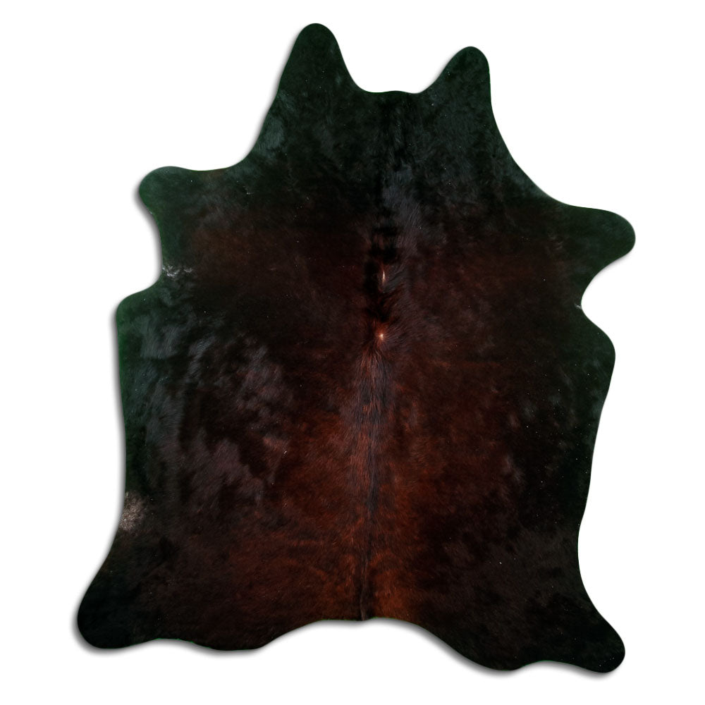 Brown cowhide rug of about 190 × 170 cm, seen from above: the exact hide you receive