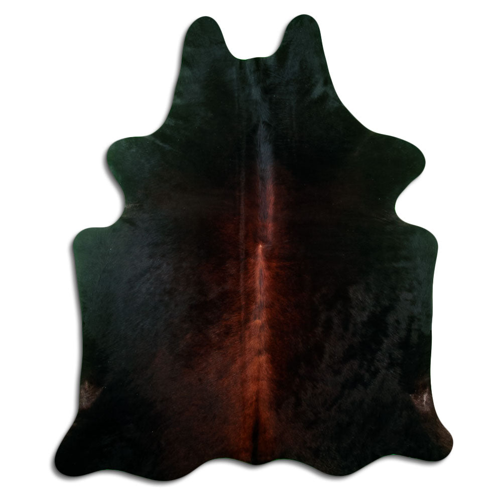 Brown cowhide rug of about 200 × 170 cm, seen from above: the exact hide you receive