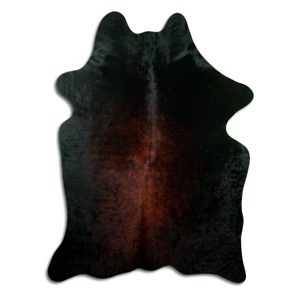 Brown cowhide rug of about 190 × 140 cm, seen from above: the exact hide you receive