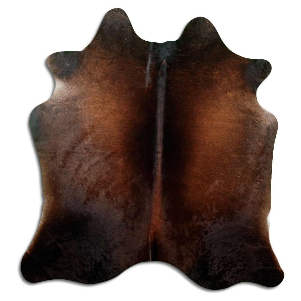 Brown cowhide rug of about 180 × 180 cm, seen from above: the exact hide you receive