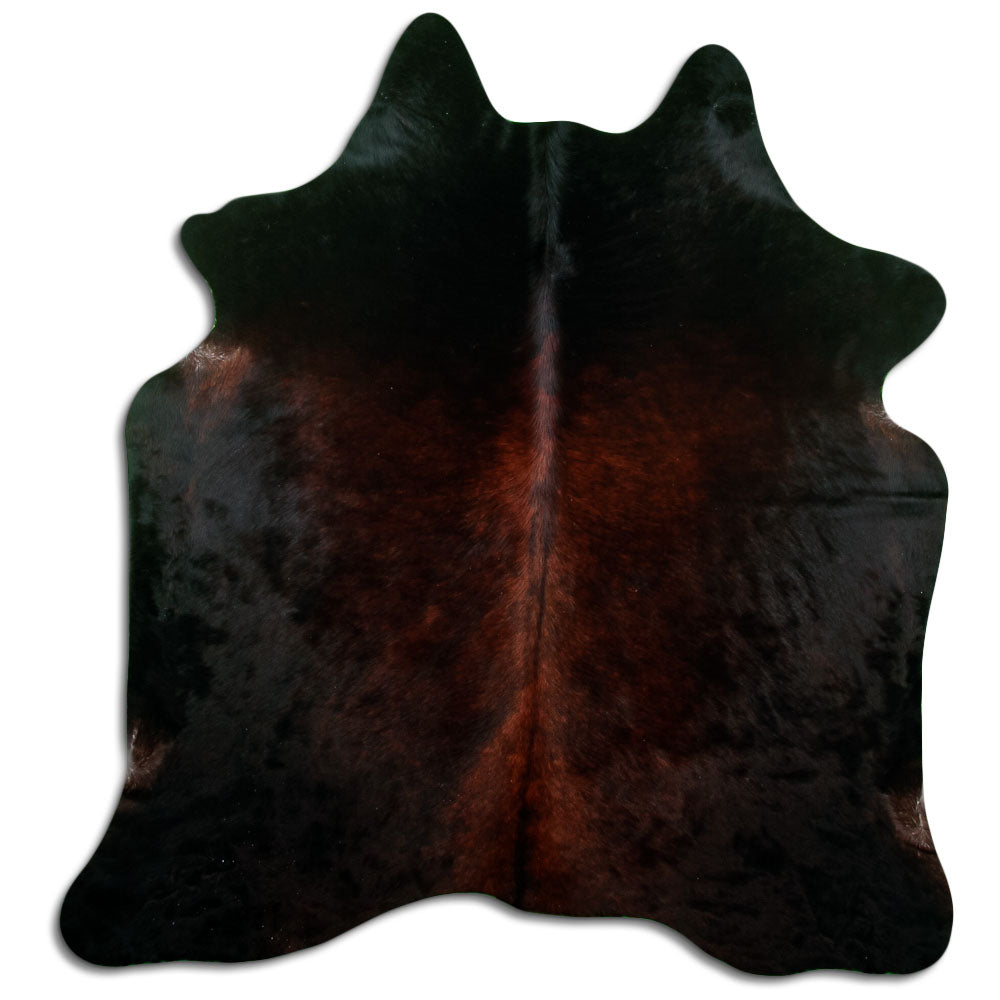 Brown cowhide rug of about 180 × 170 cm, seen from above: the exact hide you receive
