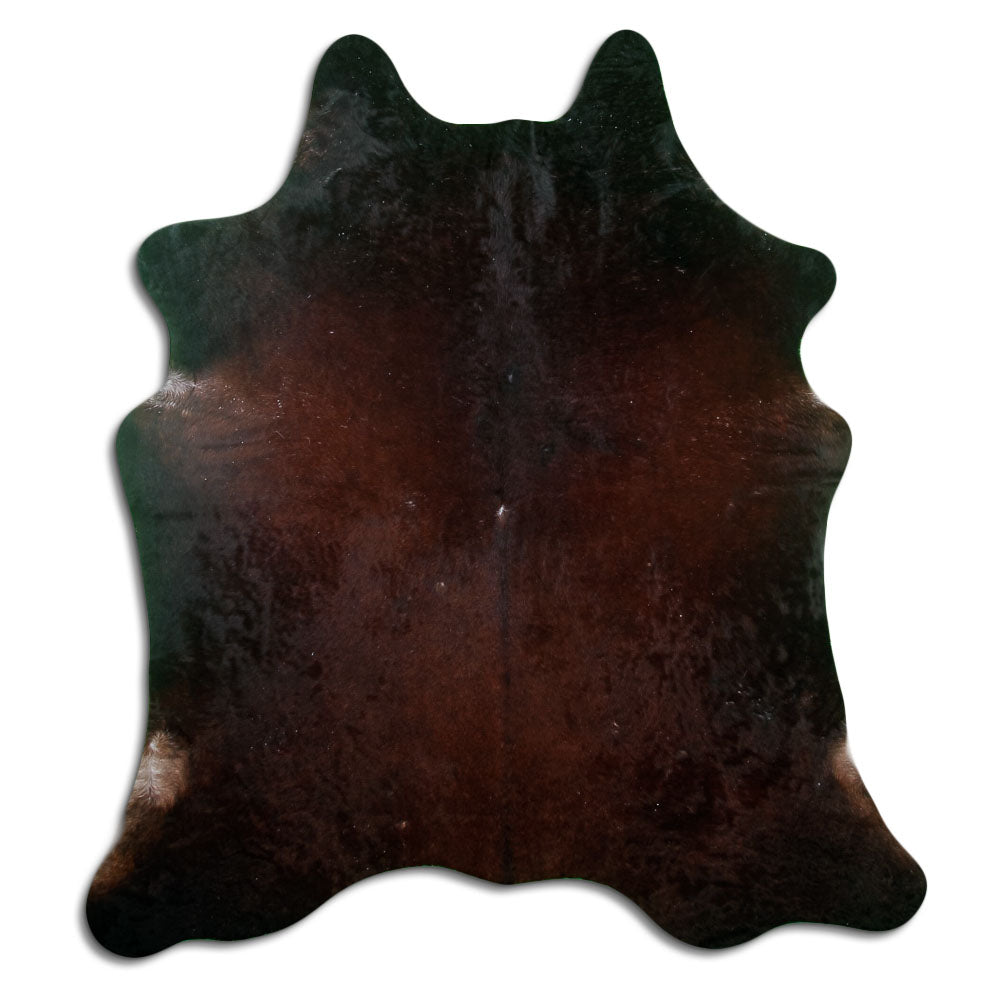 Brown cowhide rug of about 190 × 170 cm, seen from above: the exact hide you receive