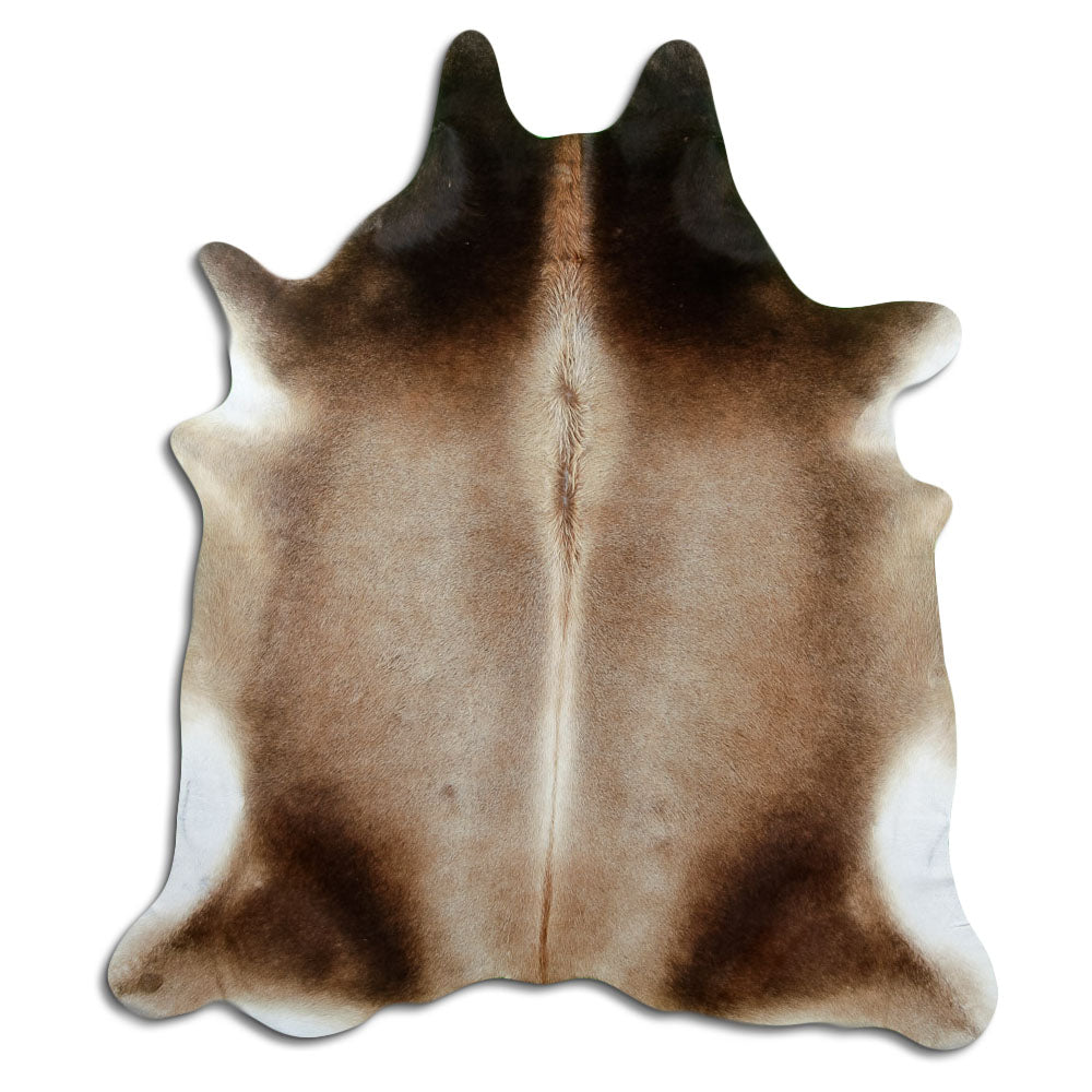 Brown cowhide rug of about 210 × 190 cm, seen from above: the exact hide you receive