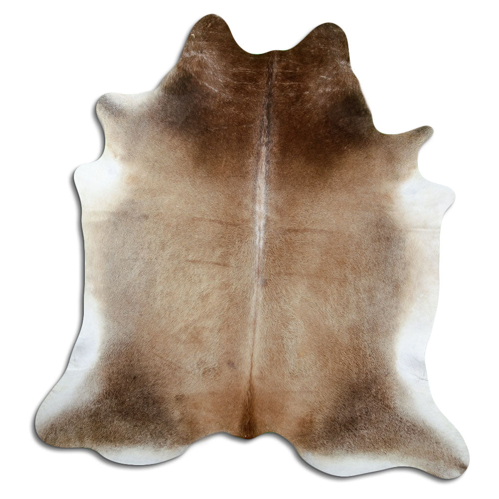 Brown cowhide rug of about 210 × 200 cm, seen from above: the exact hide you receive