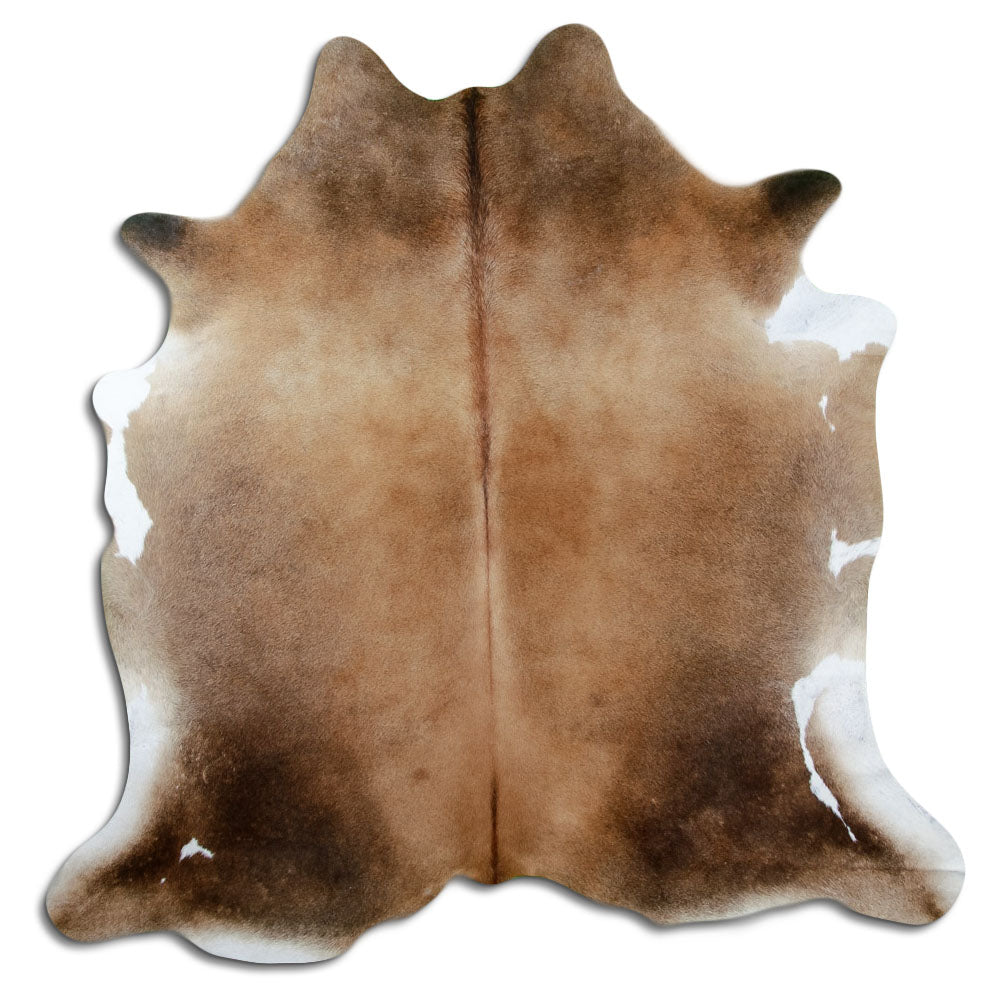 Brown cowhide rug of about 190 × 190 cm, seen from above: the exact hide you receive